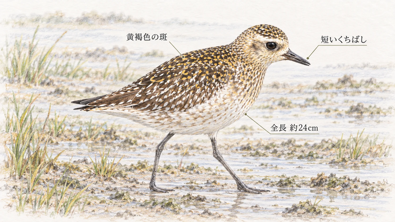 短いくちばしと黄褐色の斑がある背中を示したムナグロの特徴のイラスト