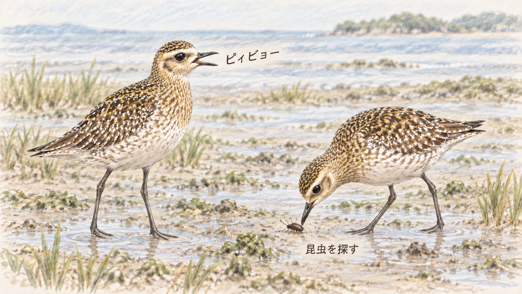 鳴くムナグロと地面の昆虫を探すムナグロの行動を描いたイラスト