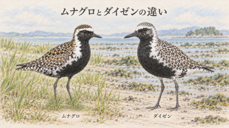 ムナグロとダイゼンの夏羽を並べ、金色と白黒の背中を比較した色鉛筆画