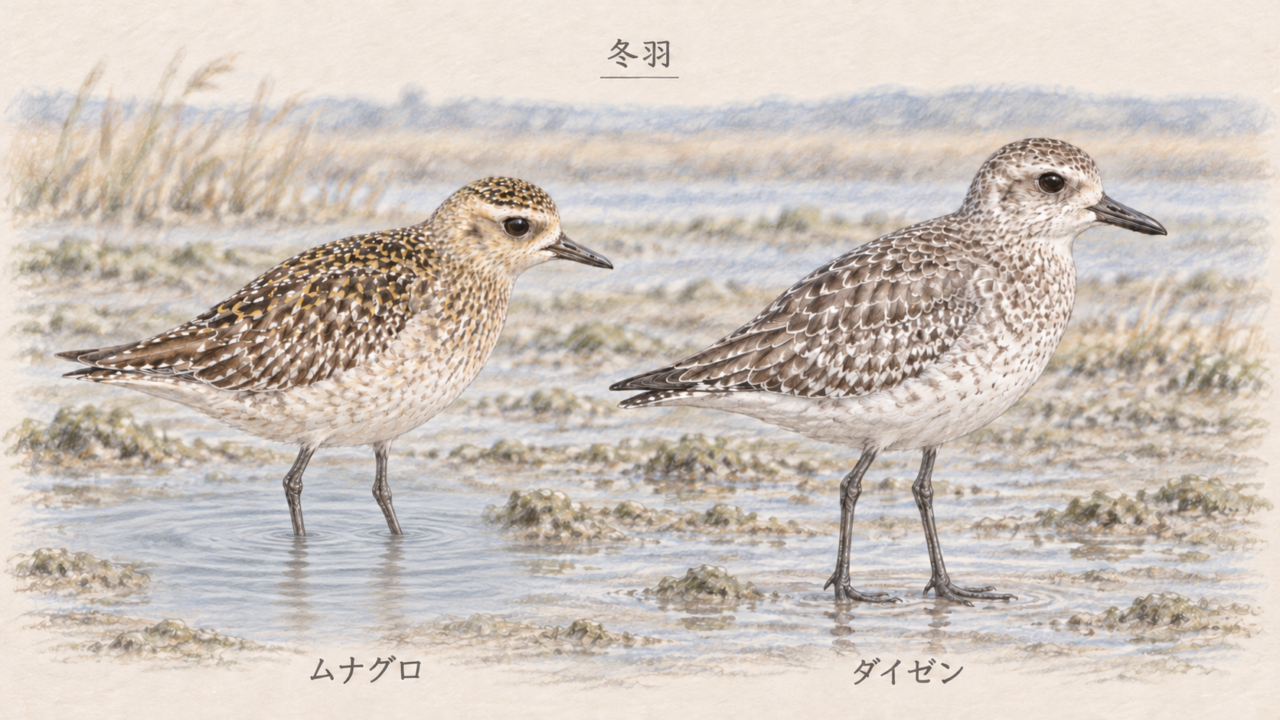 冬羽のムナグロの黄褐色の背中と、ダイゼンの灰色の背中を横向きで比較