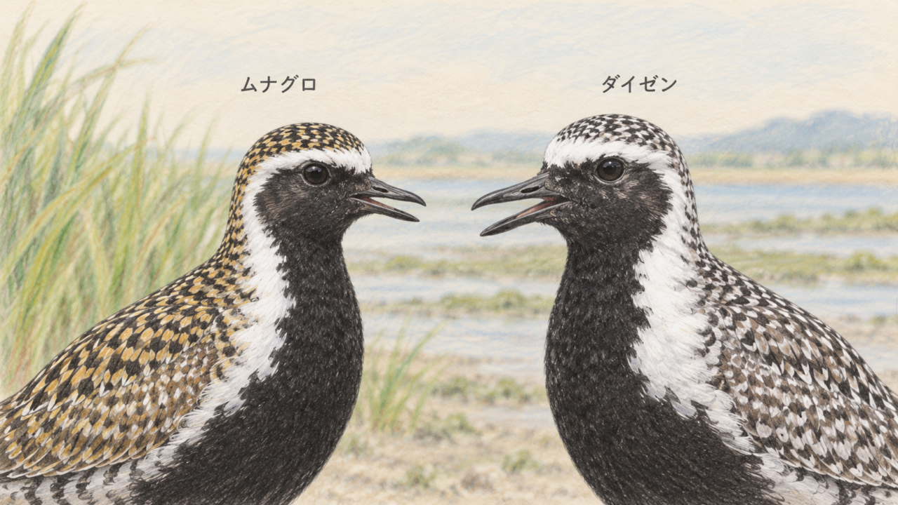 くちばしを少し開いたムナグロとダイゼンの顔と胸の色鉛筆画