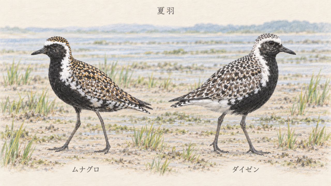 夏羽のムナグロとダイゼン。両種の黒い胸と背中の斑の違い