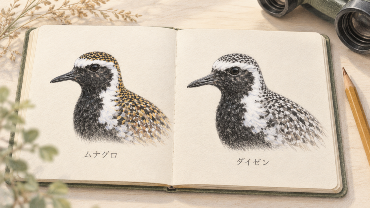 ムナグロとダイゼンの顔を描いた観察ノートと双眼鏡の色鉛筆画