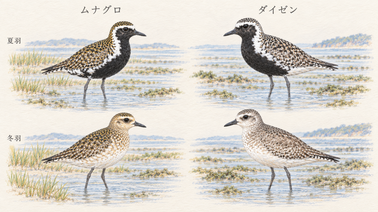 上段に夏羽、下段に冬羽を並べたムナグロとダイゼンの比較イラスト