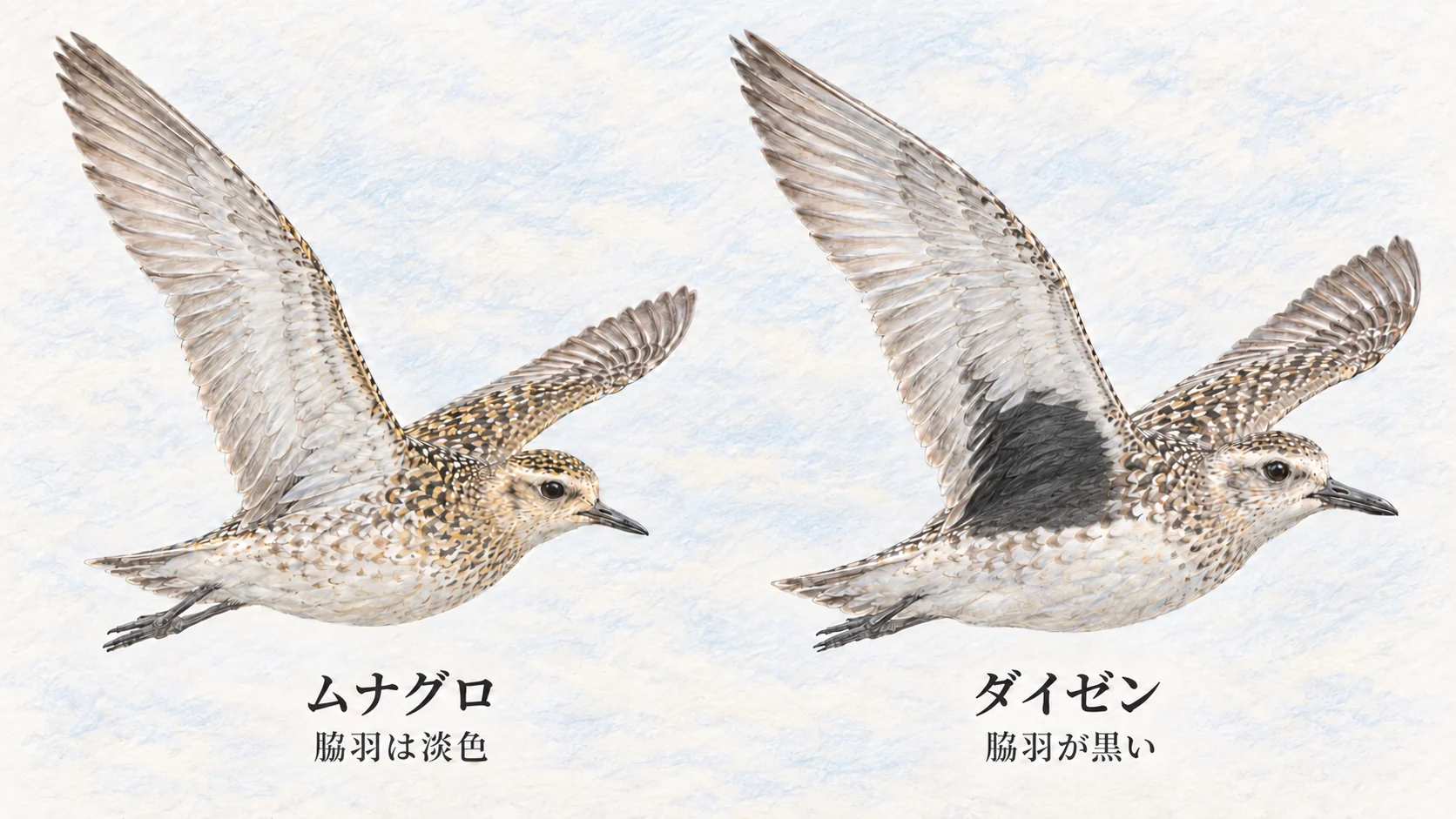 飛翔するムナグロの淡い脇羽とダイゼンの黒い脇羽を比較したイラスト