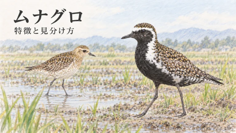 ムナグロの夏羽と冬羽を田んぼの風景に描いた色鉛筆画