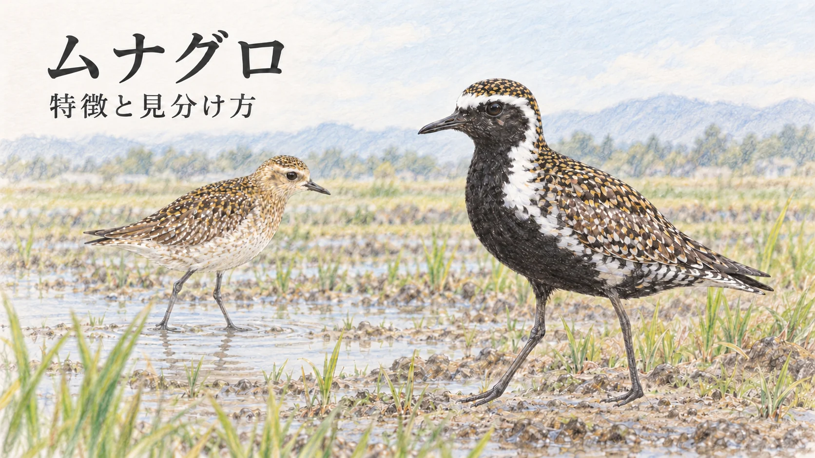 ムナグロの夏羽と冬羽を田んぼの風景に描いた色鉛筆画