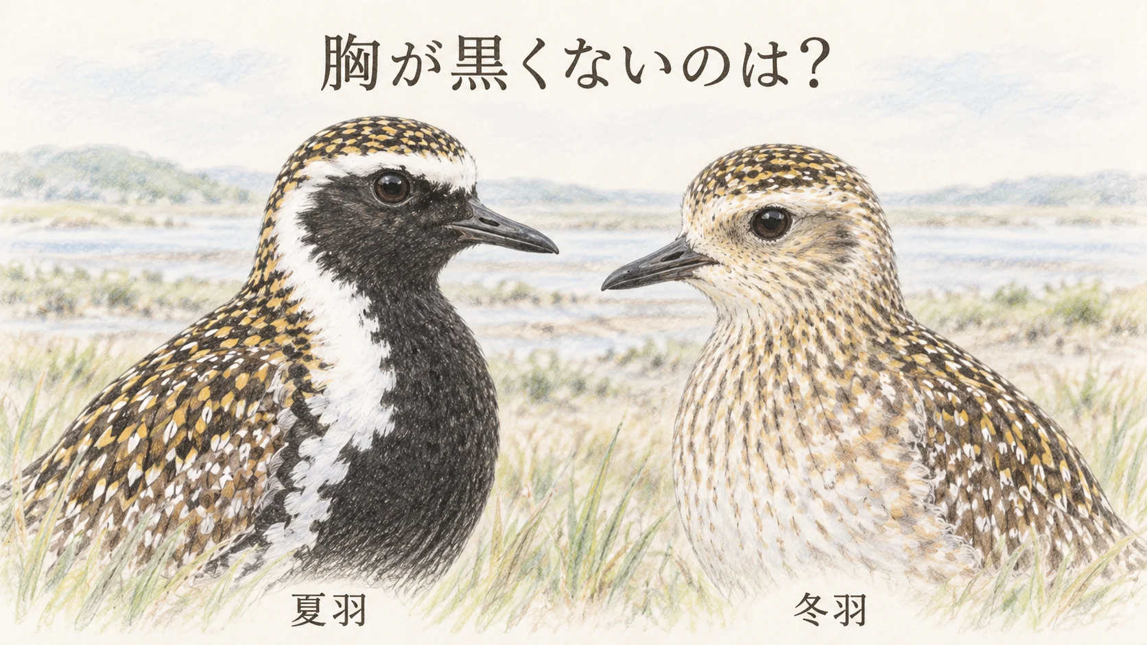 ムナグロの胸が黒い夏羽と胸が淡い冬羽を近くから比較したイラスト