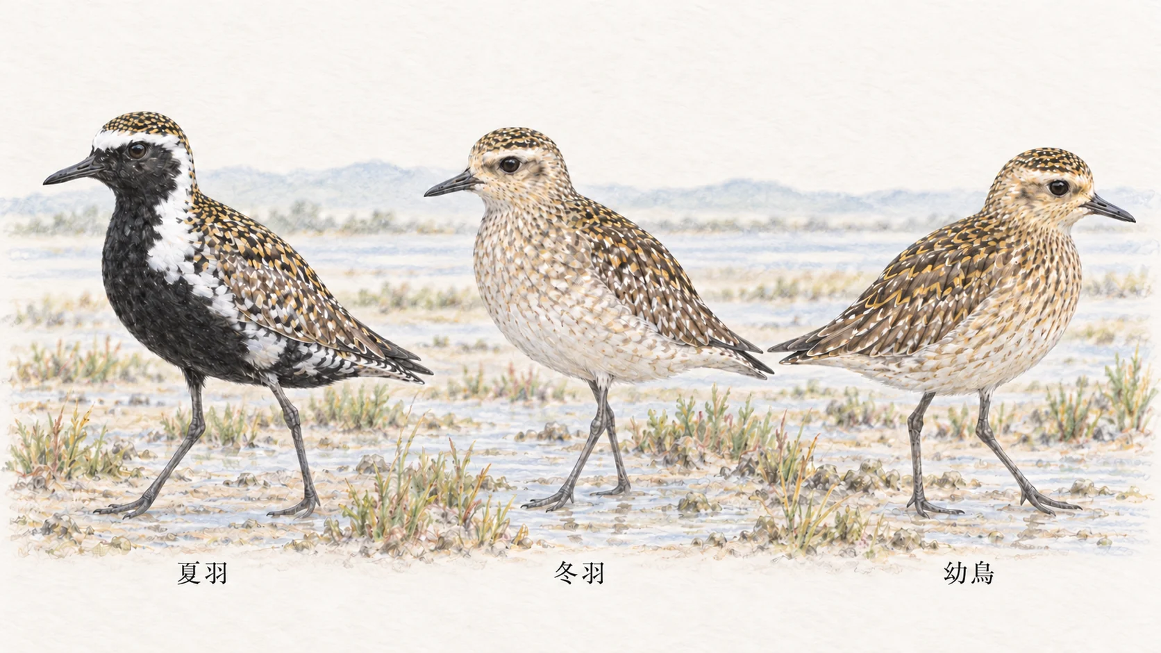 ムナグロの夏羽の雄、冬羽、幼鳥の羽色を横並びで比較したイラスト