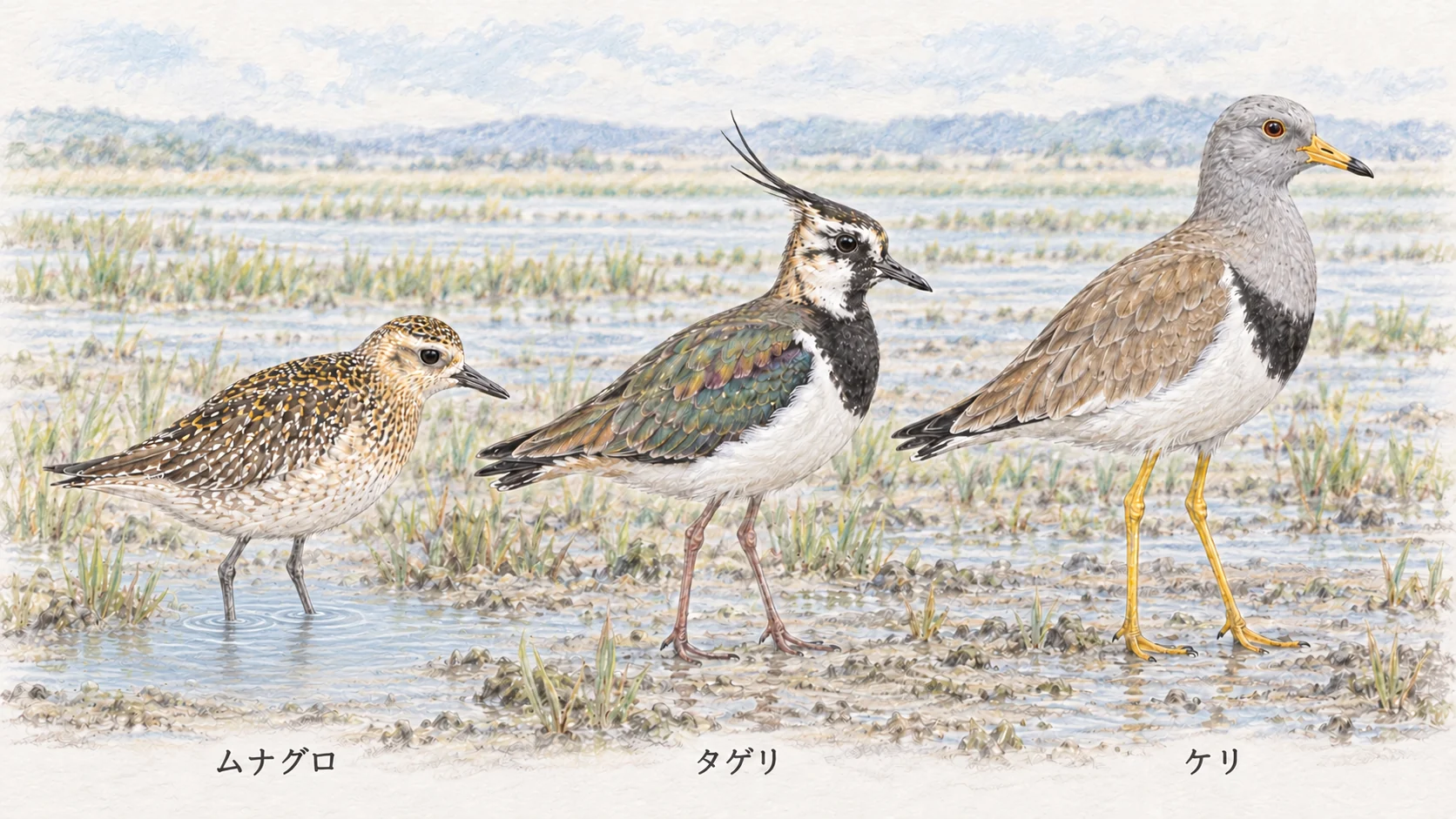 ムナグロ、冠羽のあるタゲリ、黄色い脚のケリを並べた比較イラスト