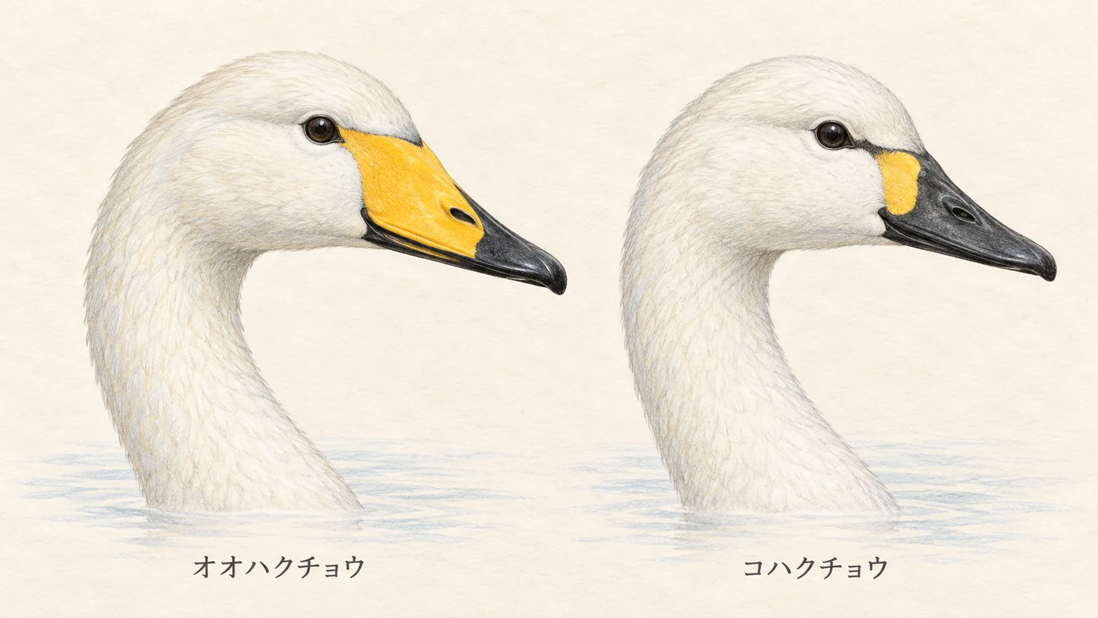 オオハクチョウとコハクチョウのくちばしにある黄色い部分の広さを比較したイラスト