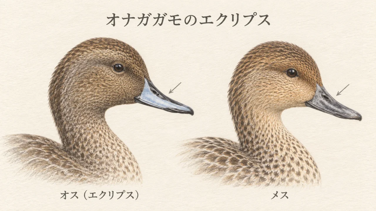 オナガガモのエクリプスのオスとメスの頭部を並べ、くちばし側面の色を比較した図