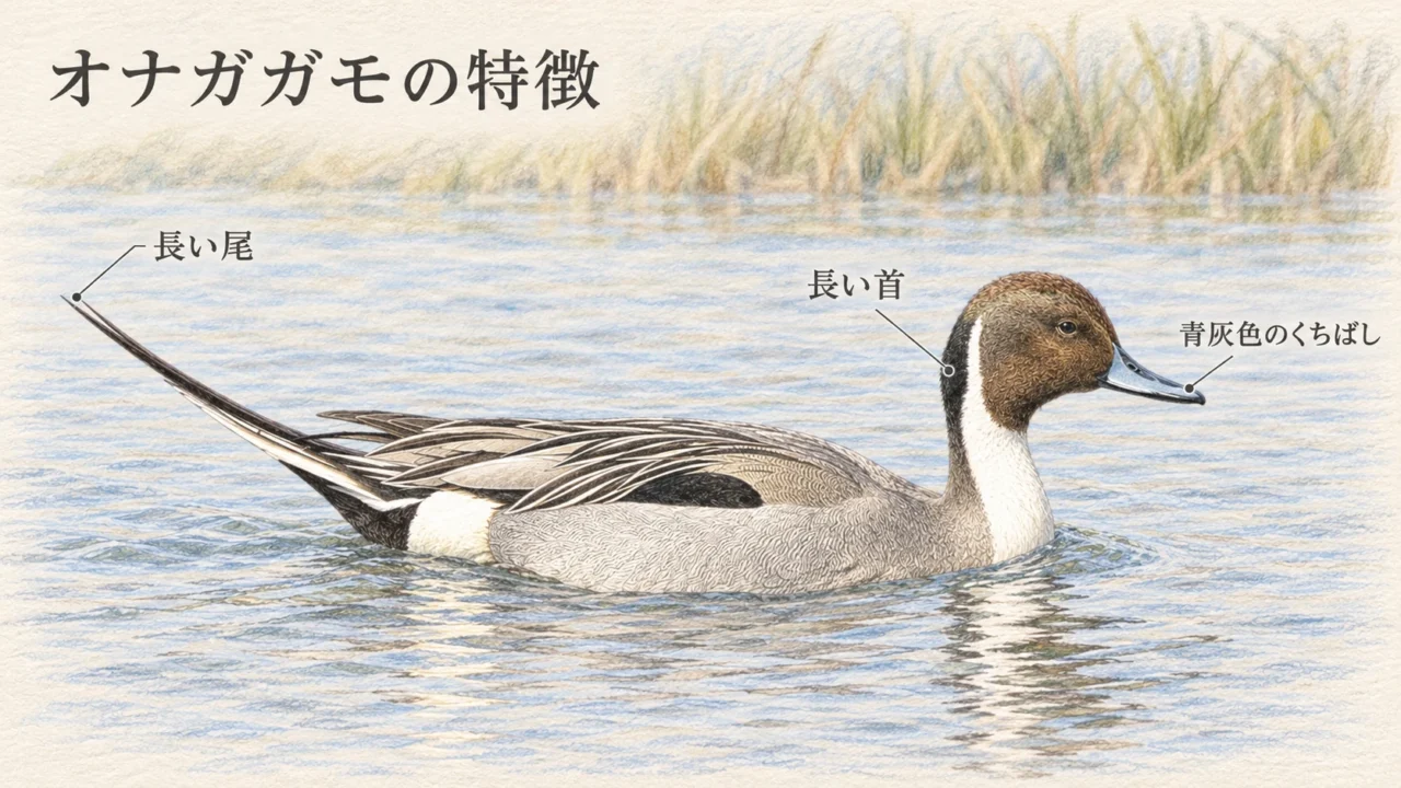 オナガガモのオスの長い首、青灰色のくちばし、長い尾を示した図