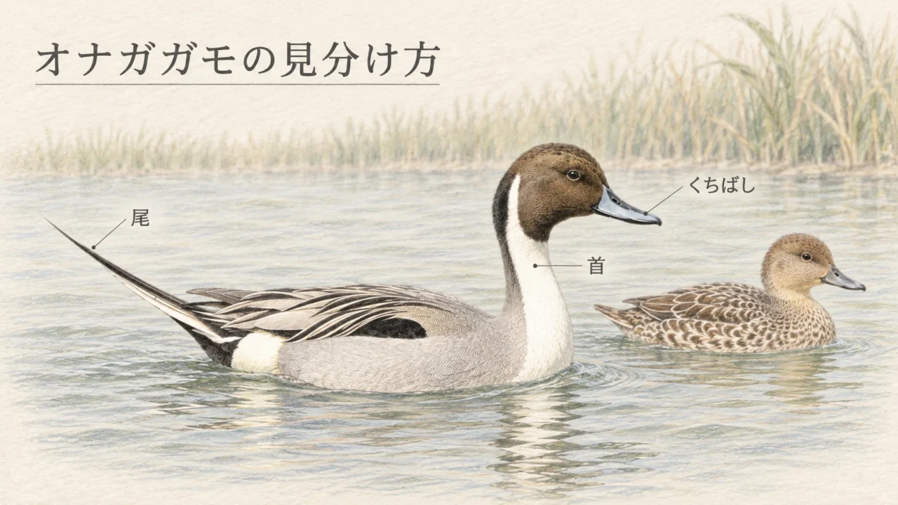 泳ぐオナガガモのオスの首、くちばし、尾に確認ポイントを示した図