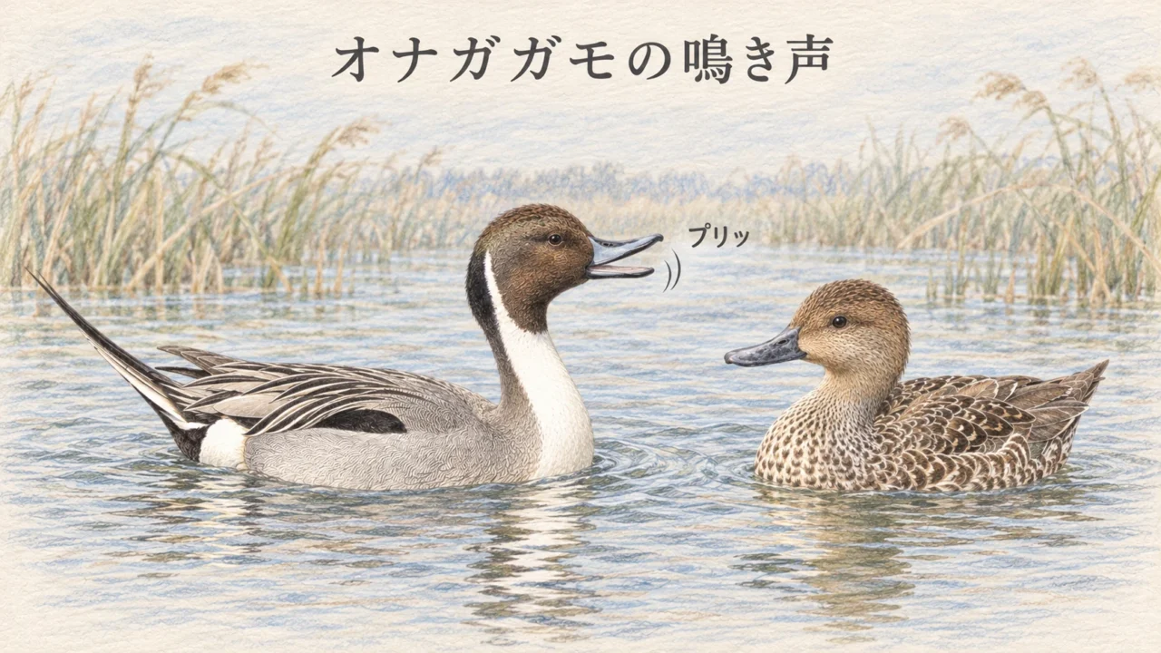 くちばしを開いて鳴くオナガガモのオスと、向かい合うメス