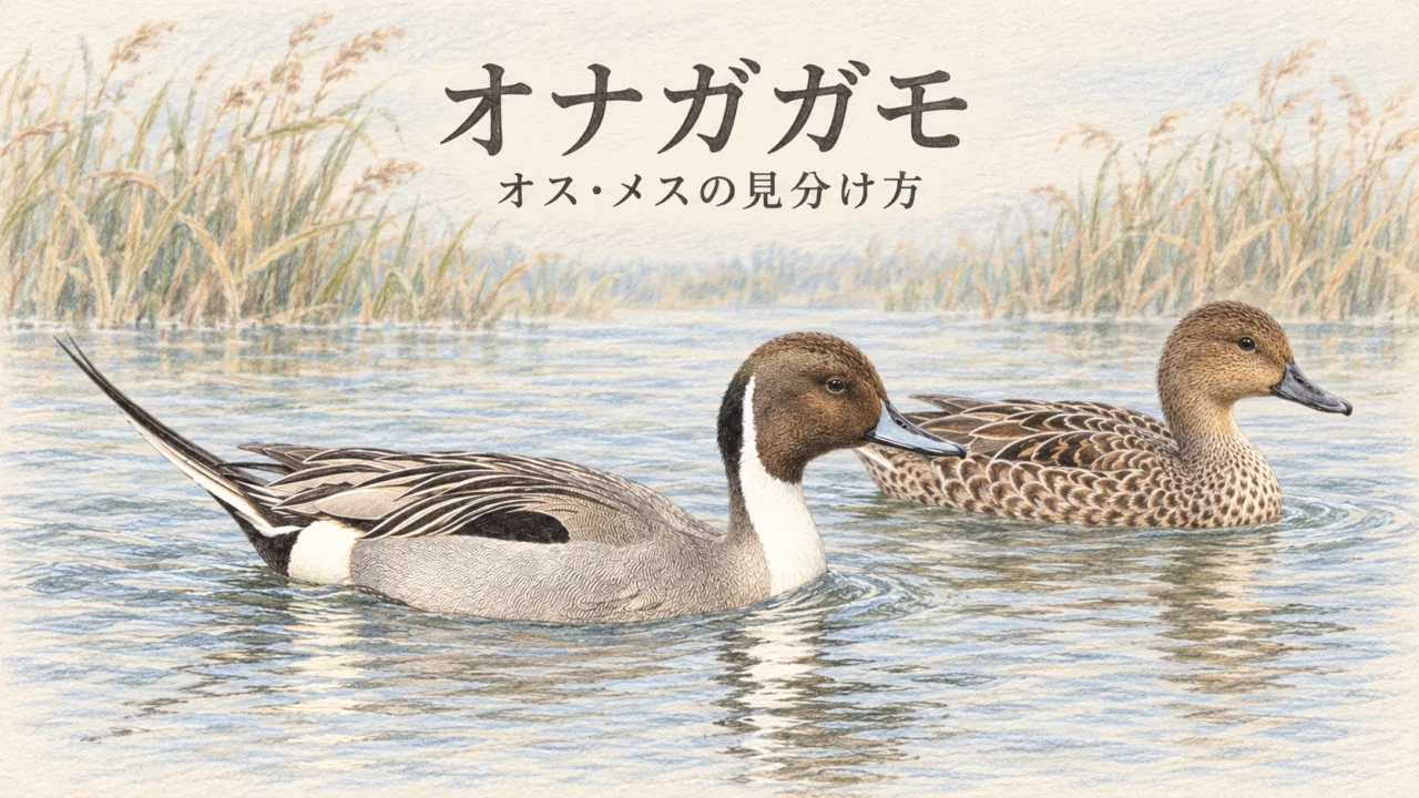 オナガガモのオスとメスが水面に並んで泳ぐ色鉛筆イラスト