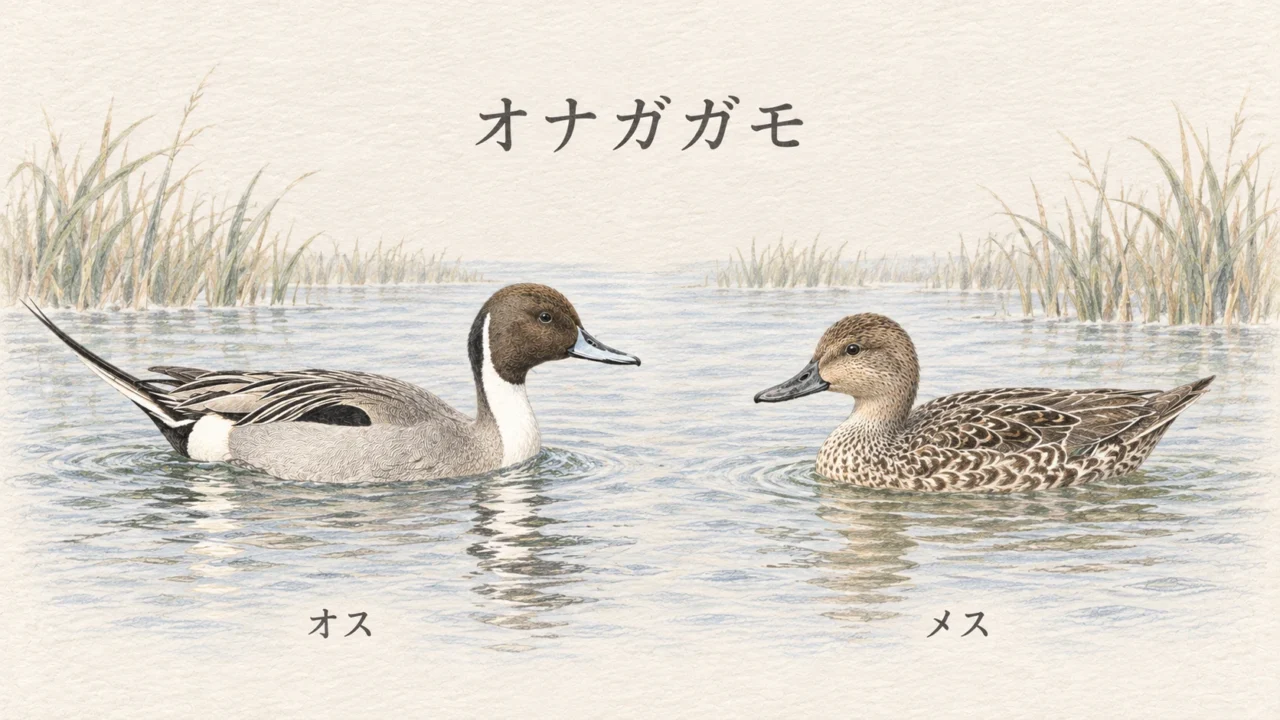 茶色い頭と白い首のオス、褐色のメスを並べたオナガガモの比較図