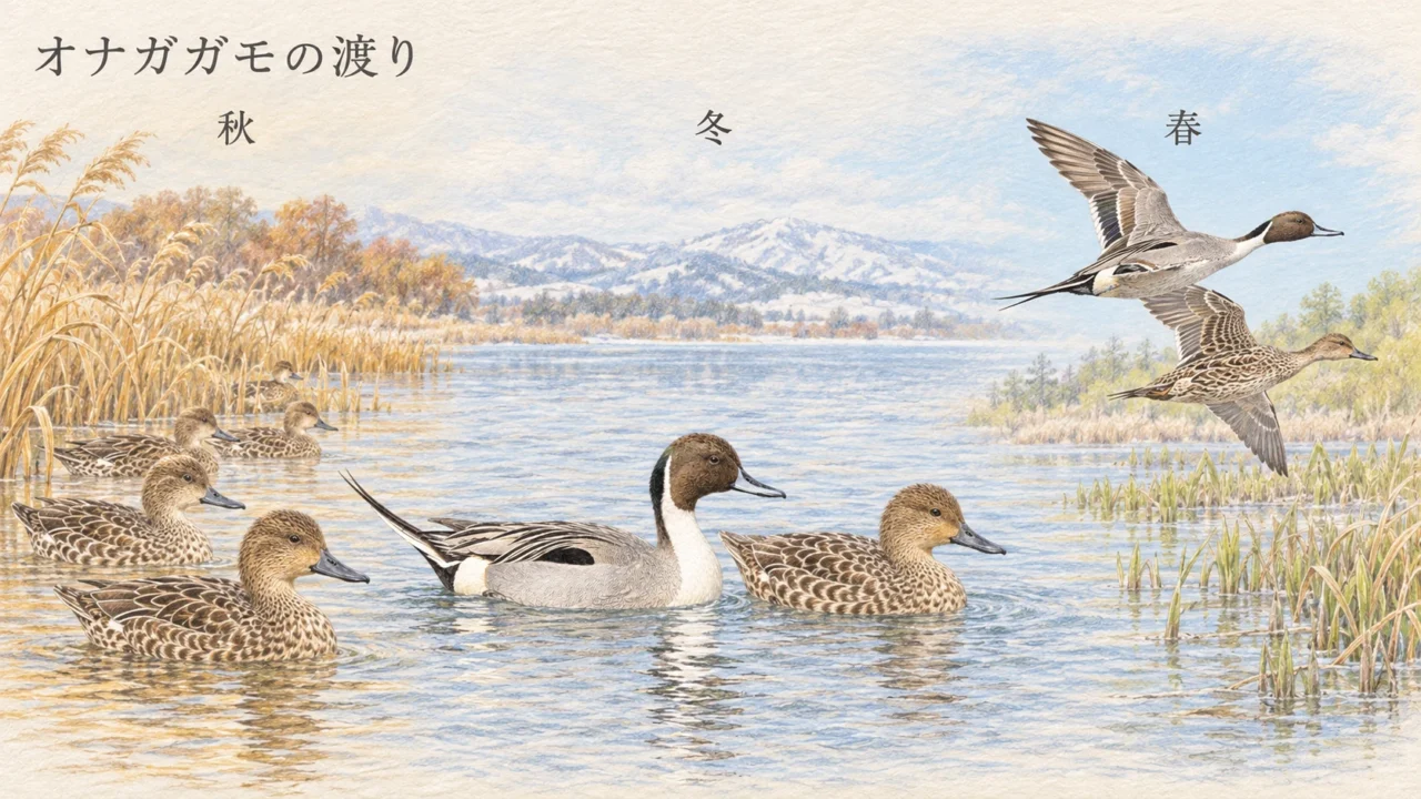 秋の渡来、冬の水辺、春の移動を描いたオナガガモの季節のイラスト