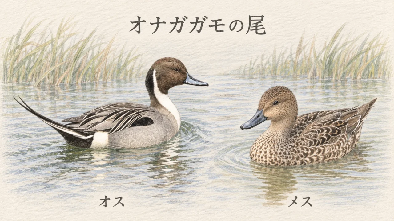 オナガガモのオスの長い中央尾羽と、メスの短めの尾を比べたイラスト