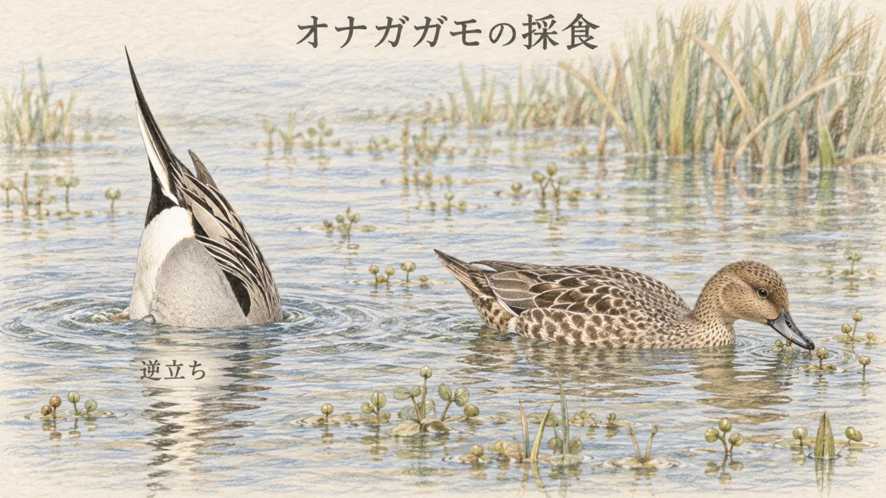 逆立ちして水中で採食するオナガガモのオスと、水面の植物をついばむメス