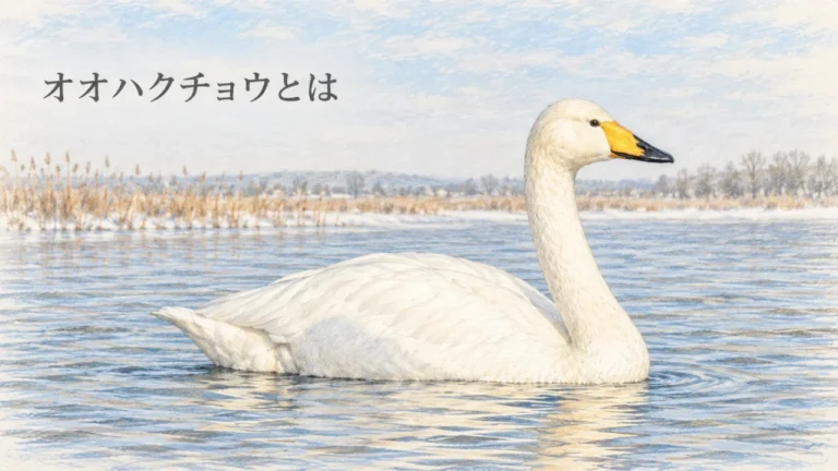 淡い色鉛筆で描いた、黄色と黒のくちばしが特徴のオオハクチョウの成鳥