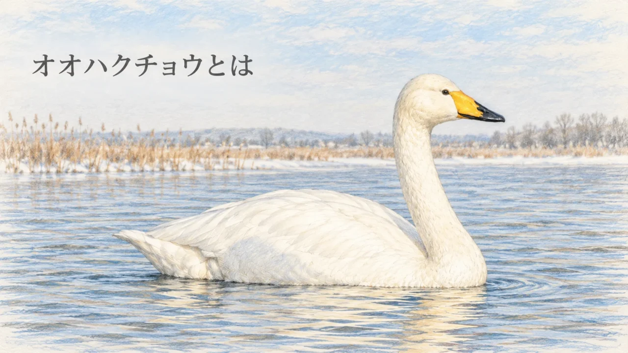 淡い色鉛筆で描いた、黄色と黒のくちばしが特徴のオオハクチョウの成鳥