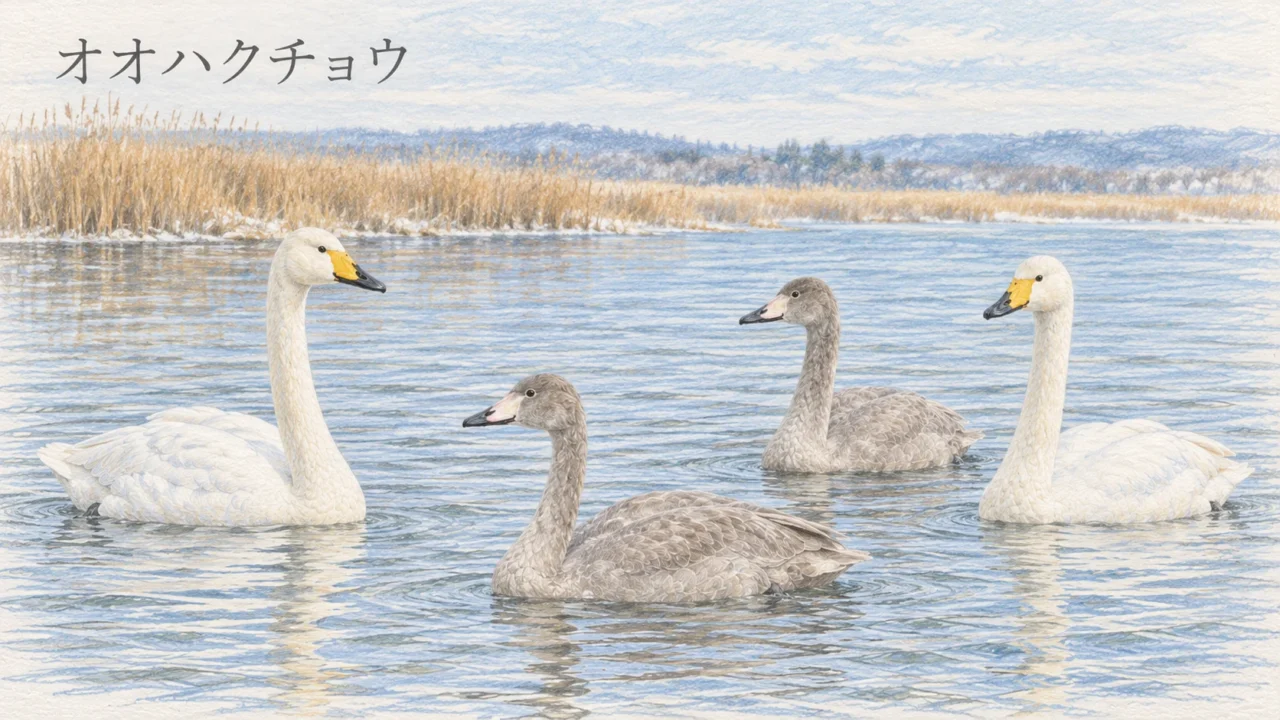 湖をゆっくり泳ぐオオハクチョウの成鳥2羽と灰色の幼鳥2羽