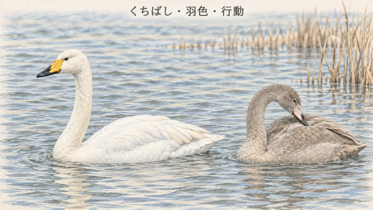 くちばしの模様が見える成鳥と、羽づくろいする灰色の幼鳥を描いたオオハクチョウの観察イラスト