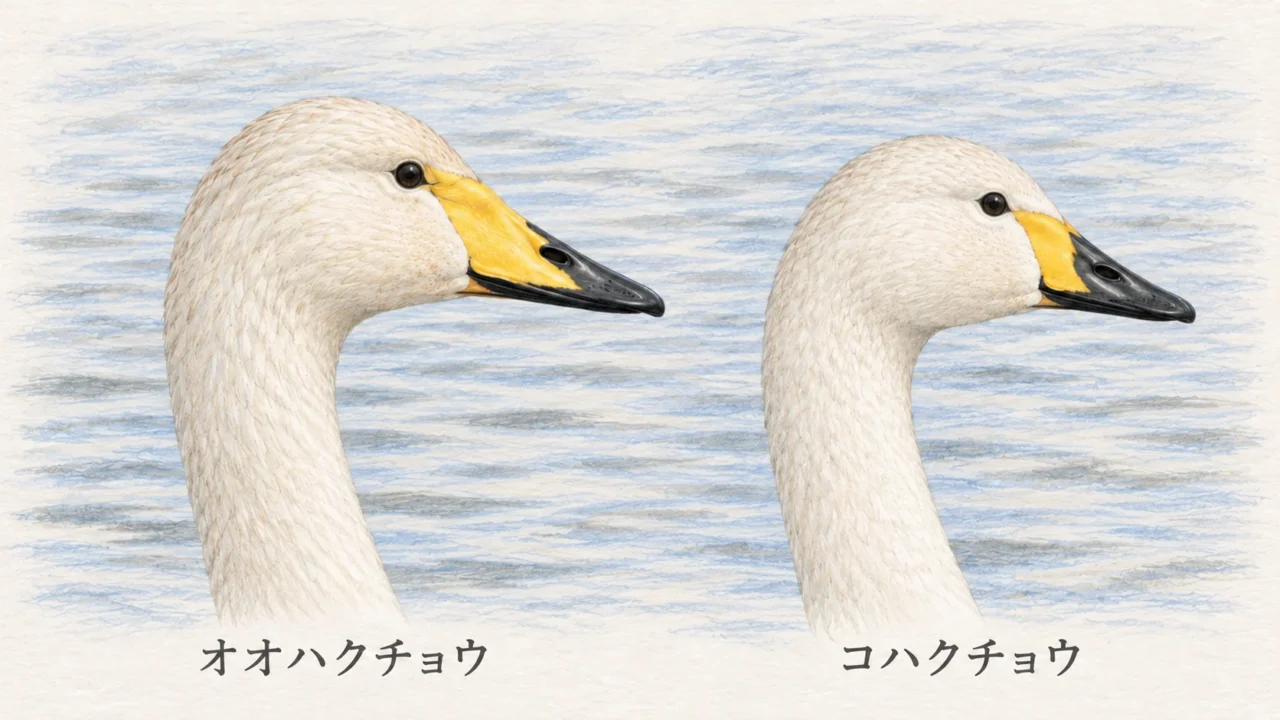 オオハクチョウとコハクチョウの成鳥のくちばしを比較したイラスト。オオハクチョウは黄色部の先がとがる