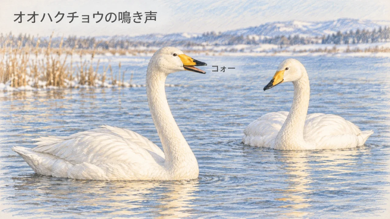 水面で首を起こし、くちばしを少し開いて鳴き交わすオオハクチョウの成鳥2羽