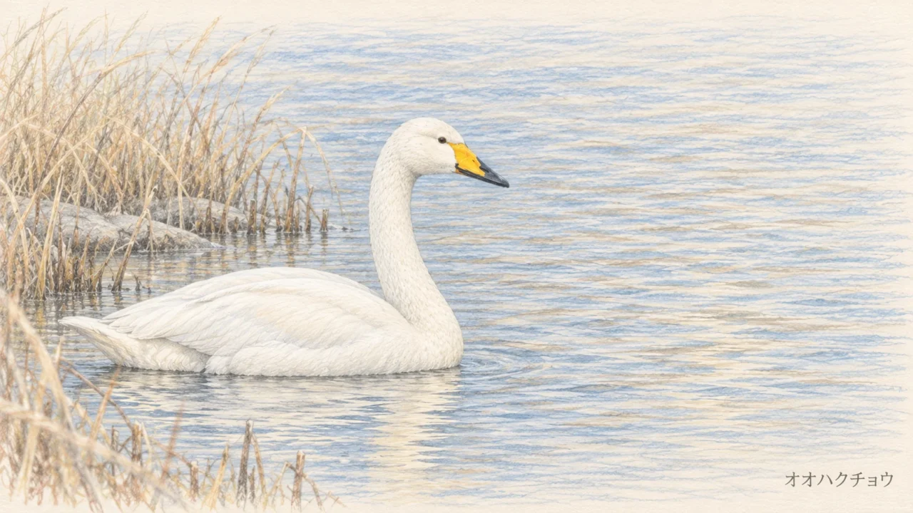 冬の葦辺で静かに休むオオハクチョウの成鳥を描いた色鉛筆画
