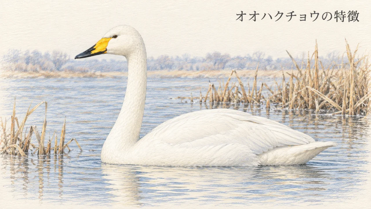 長い首と白い体、黄色と黒のくちばしを横から見せるオオハクチョウの成鳥