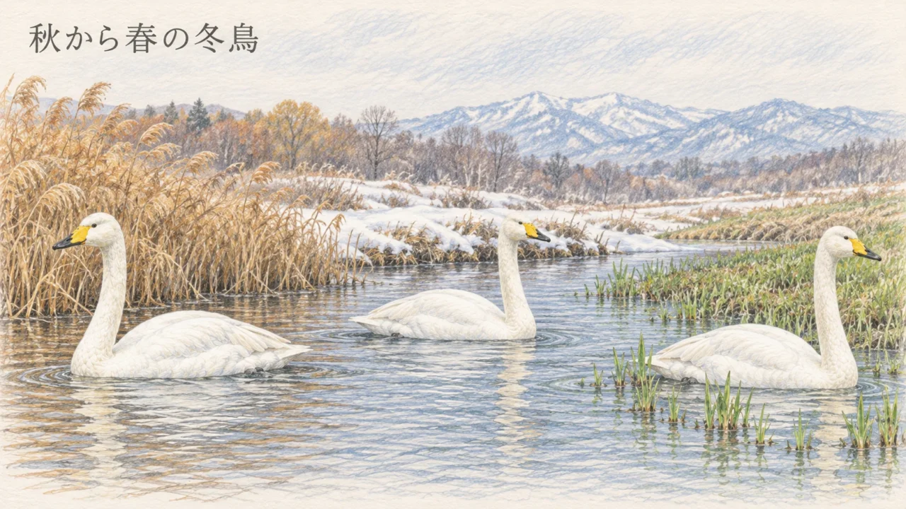 秋の葦、冬の雪岸、春の芽吹きを背景に、水面で過ごすオオハクチョウを描いた季節のイラスト