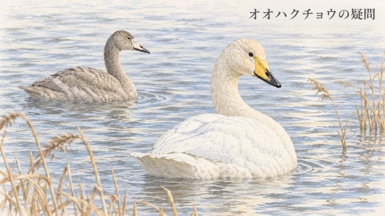 水辺でこちらを振り向くオオハクチョウの成鳥と、少し離れて泳ぐ灰色の幼鳥