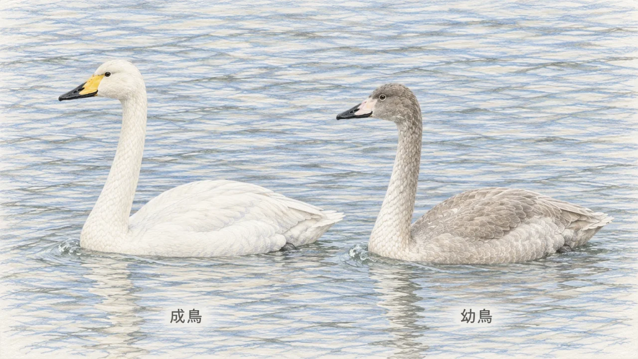 白い成鳥と灰褐色の幼鳥を並べ、羽色とくちばしの色の違いを示したオオハクチョウのイラスト