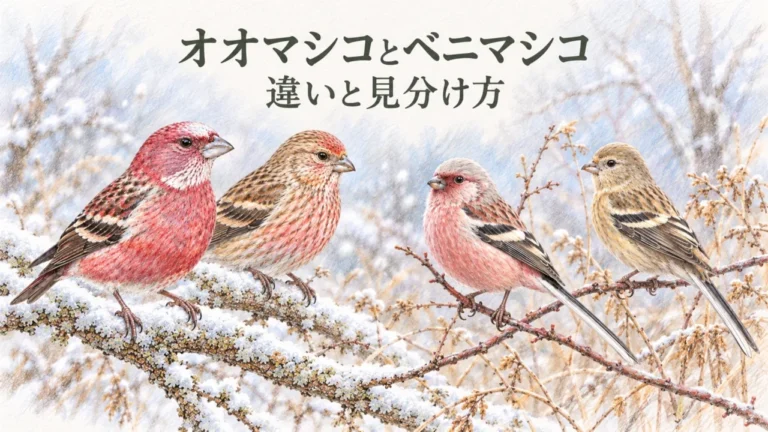 オオマシコとベニマシコのオスとメスを並べた淡い色鉛筆画のアイキャッチ