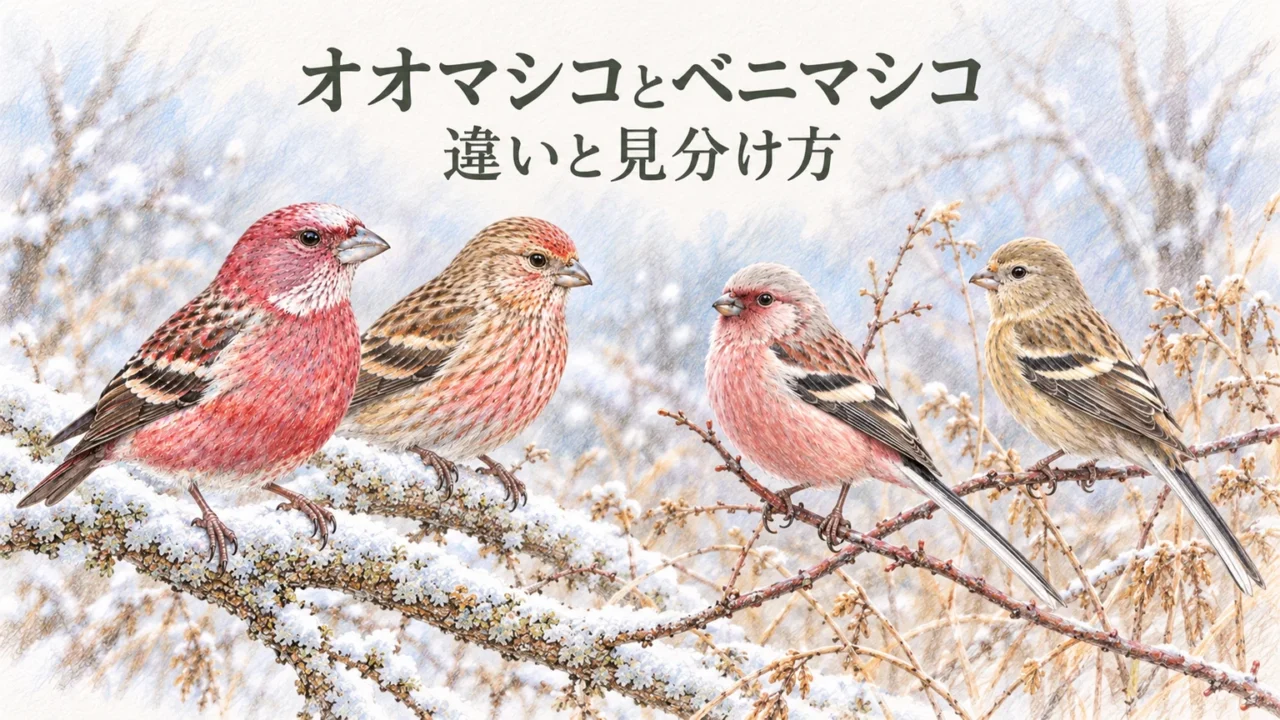 オオマシコとベニマシコのオスとメスを並べた淡い色鉛筆画のアイキャッチ