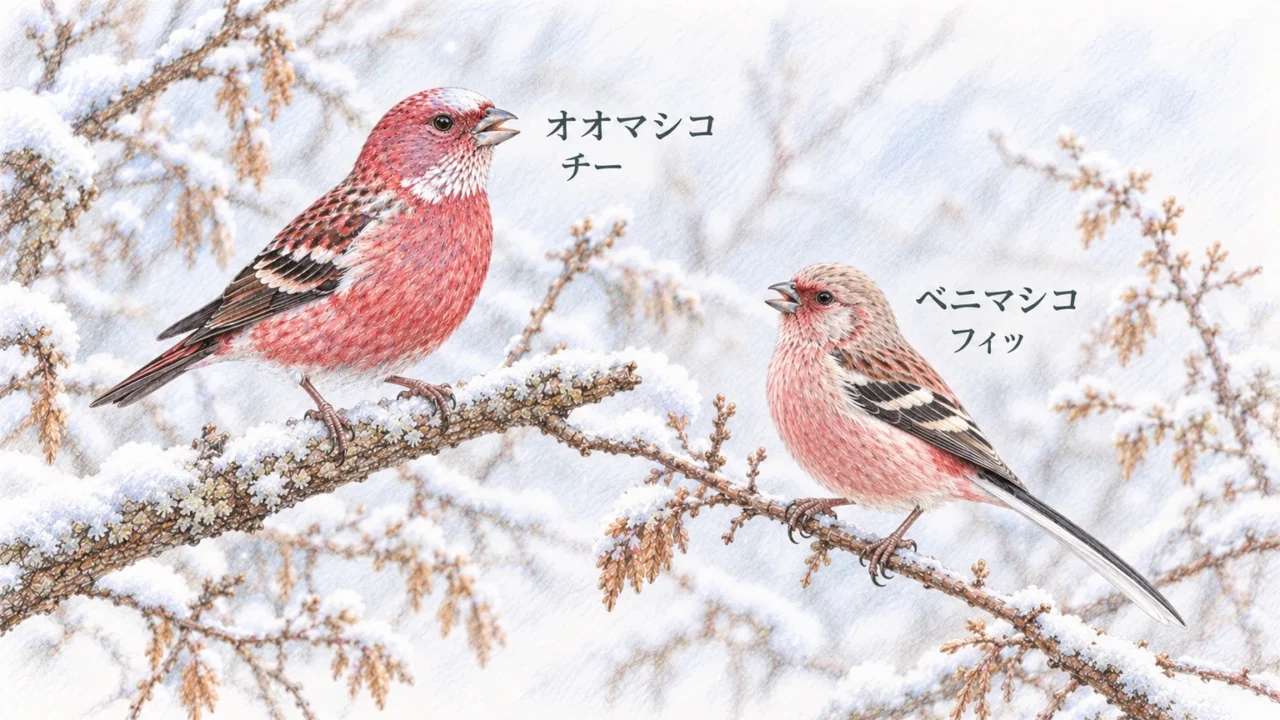 枝にとまり口を開いて鳴くオオマシコとベニマシコを比較したイラスト