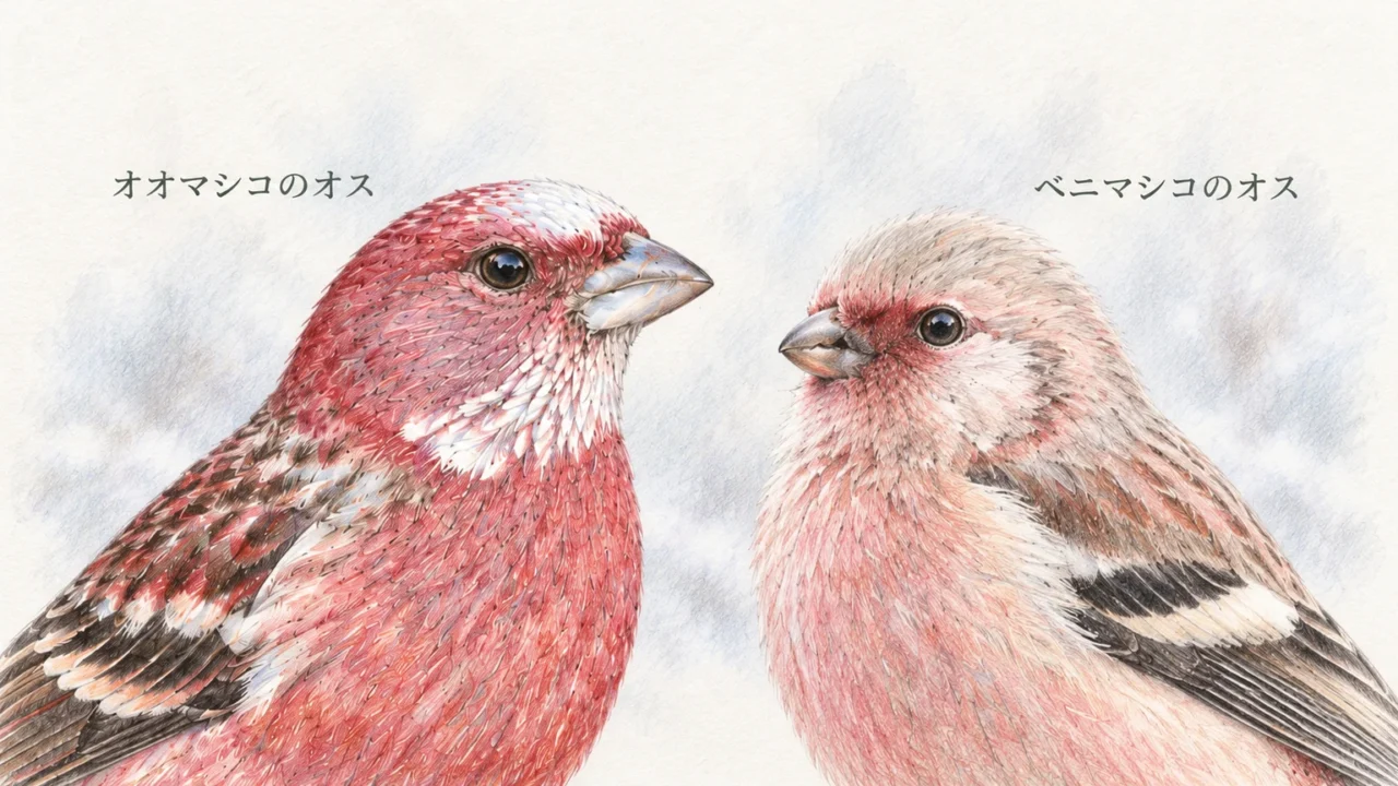オオマシコとベニマシコのオスの顔と胸を拡大して比較した色鉛筆画