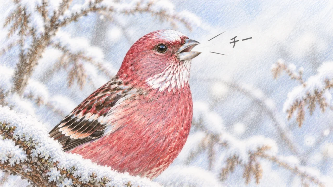 くちばしをわずかに開いて地鳴きするオオマシコのオスの色鉛筆イラスト