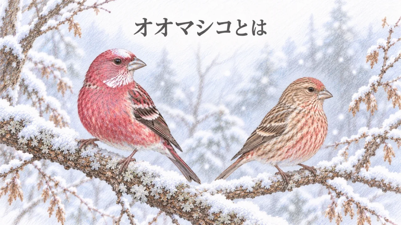 雪の枝にとまる赤いオスと褐色のメスを描いたオオマシコの記事アイキャッチ