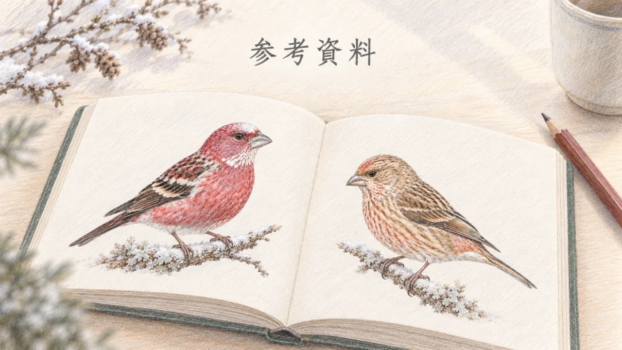 オオマシコのオスとメスの絵が載った野鳥図鑑と鉛筆の色鉛筆イラスト