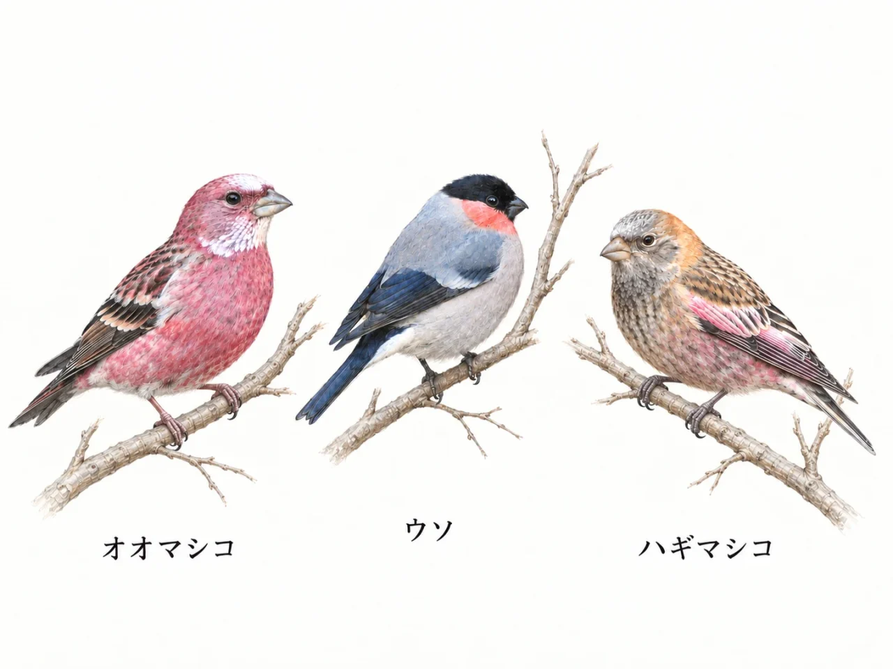 左からオオマシコ、ウソ、ハギマシコを並べた比較イラスト