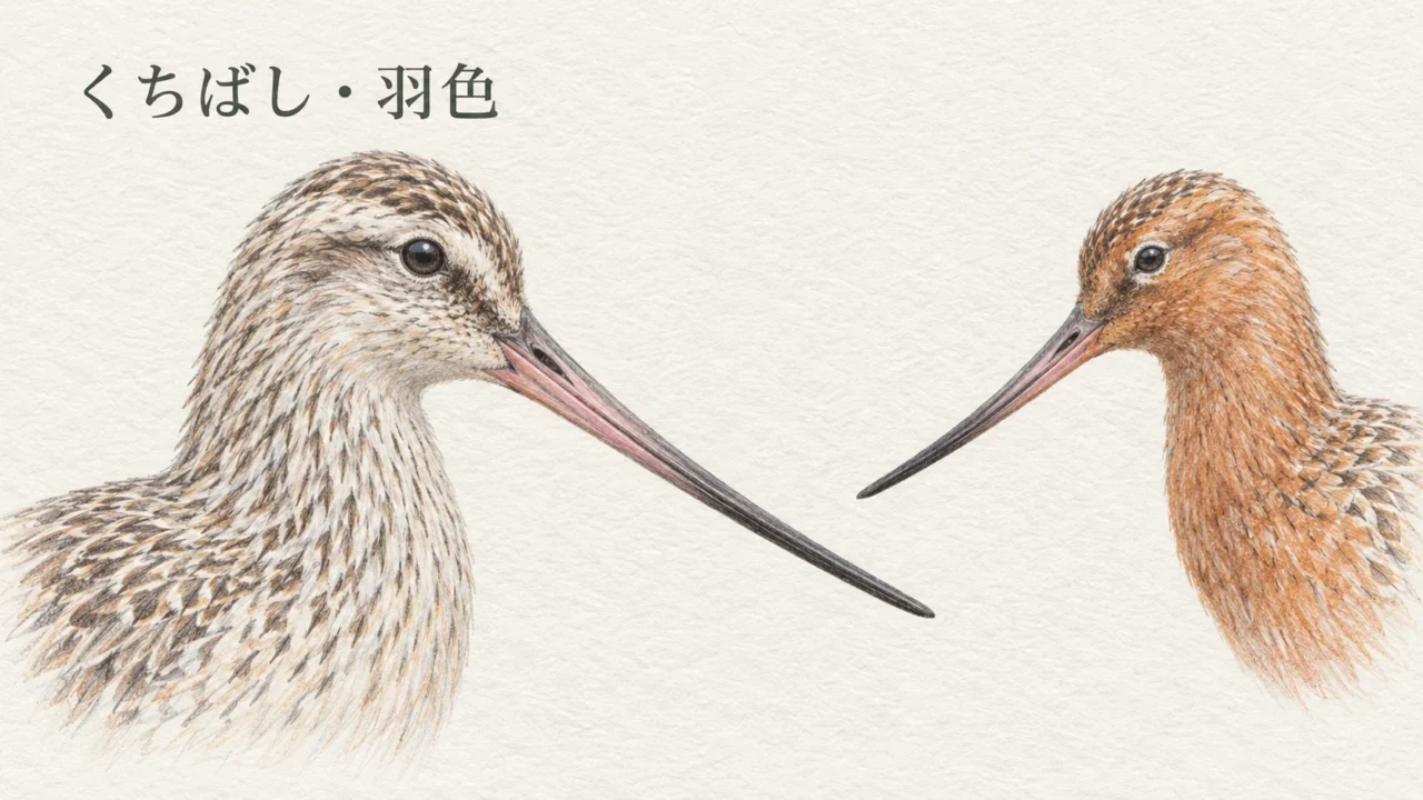 オオソリハシシギの冬羽と夏羽の顔と長いくちばしを拡大して比較したイラスト