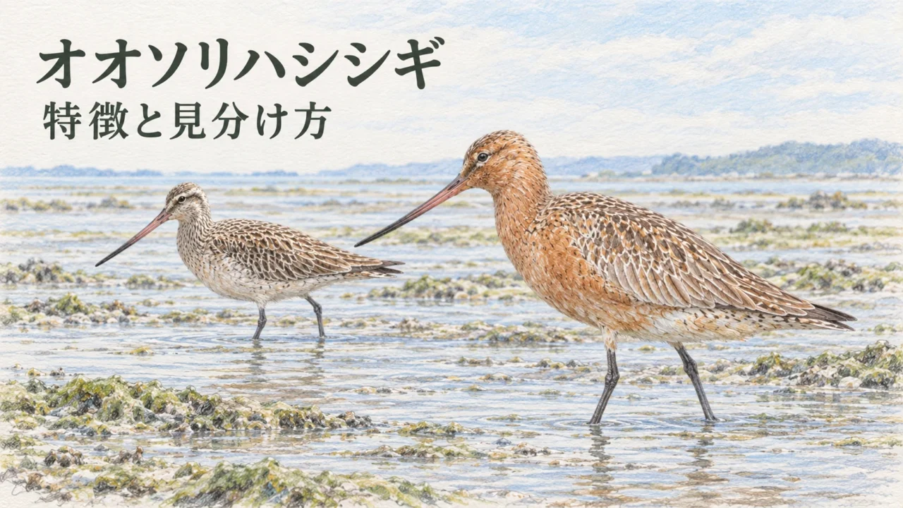 干潟にいる夏羽と冬羽のオオソリハシシギの色鉛筆イラスト