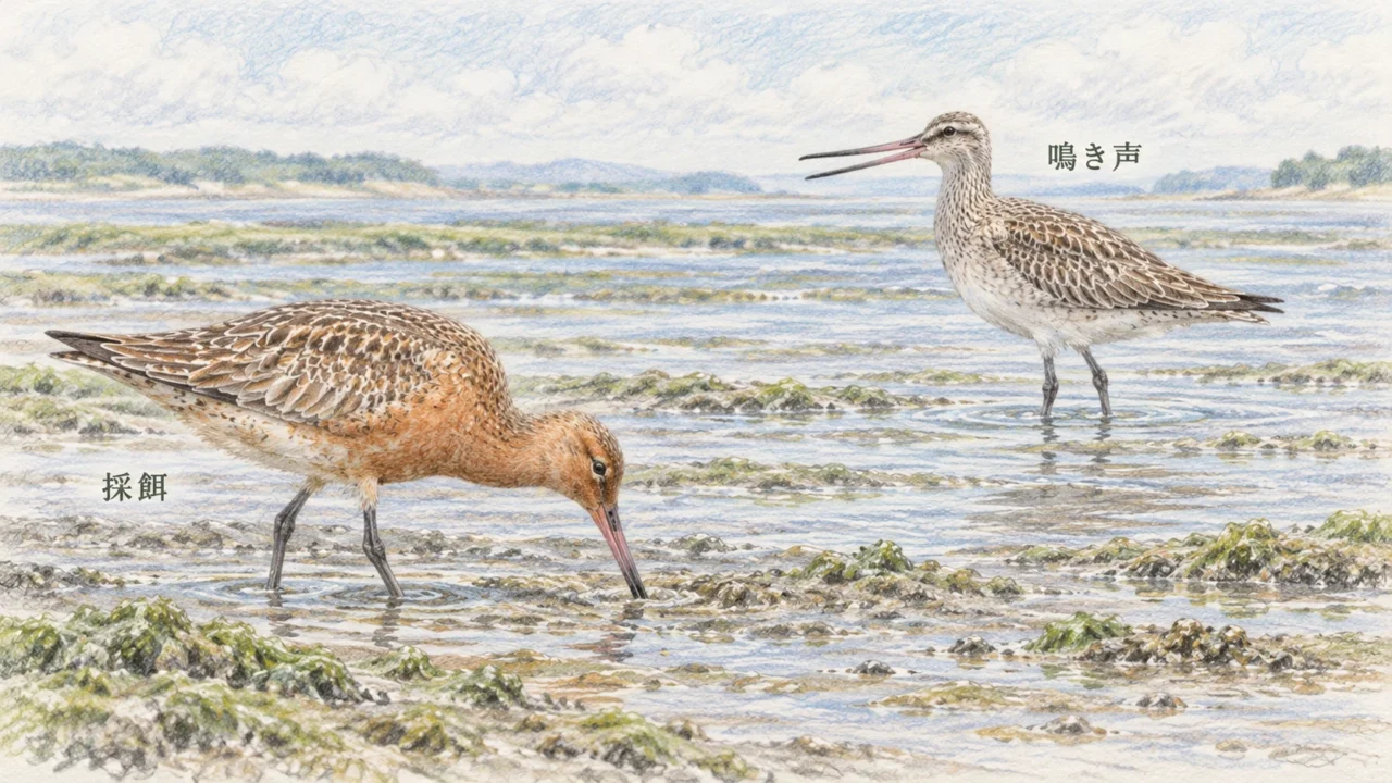 泥にくちばしを差し込んで採餌する夏羽と、くちばしを開けて鳴く冬羽のオオソリハシシギ