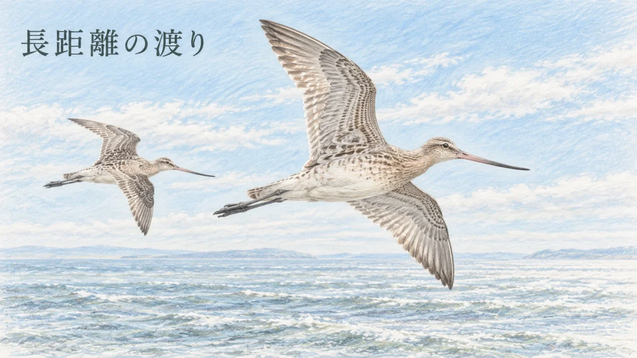 海の上で翼を広げ、長距離の渡りをするオオソリハシシギの飛翔イラスト