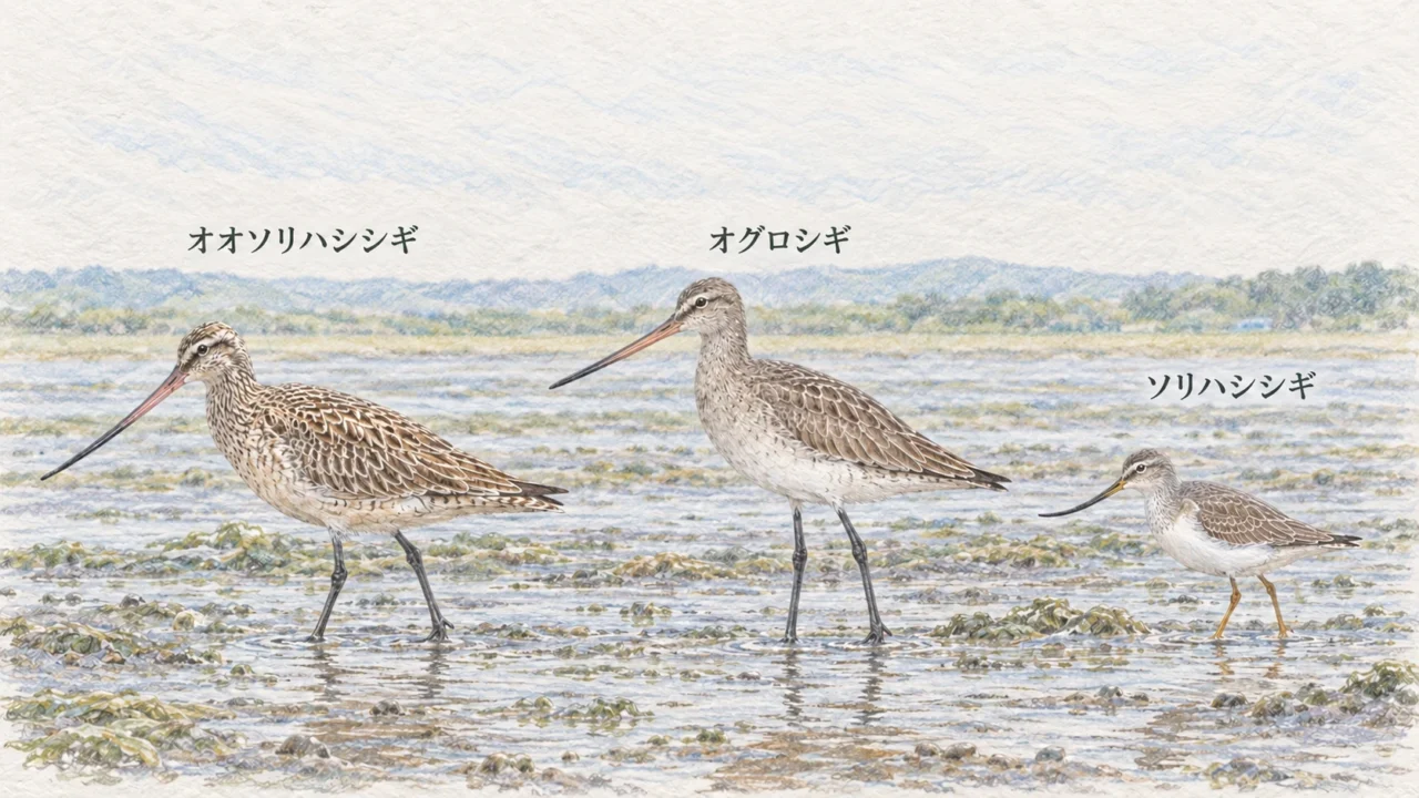 オオソリハシシギ、オグロシギ、ソリハシシギの体格・くちばし・脚を比べるイラスト