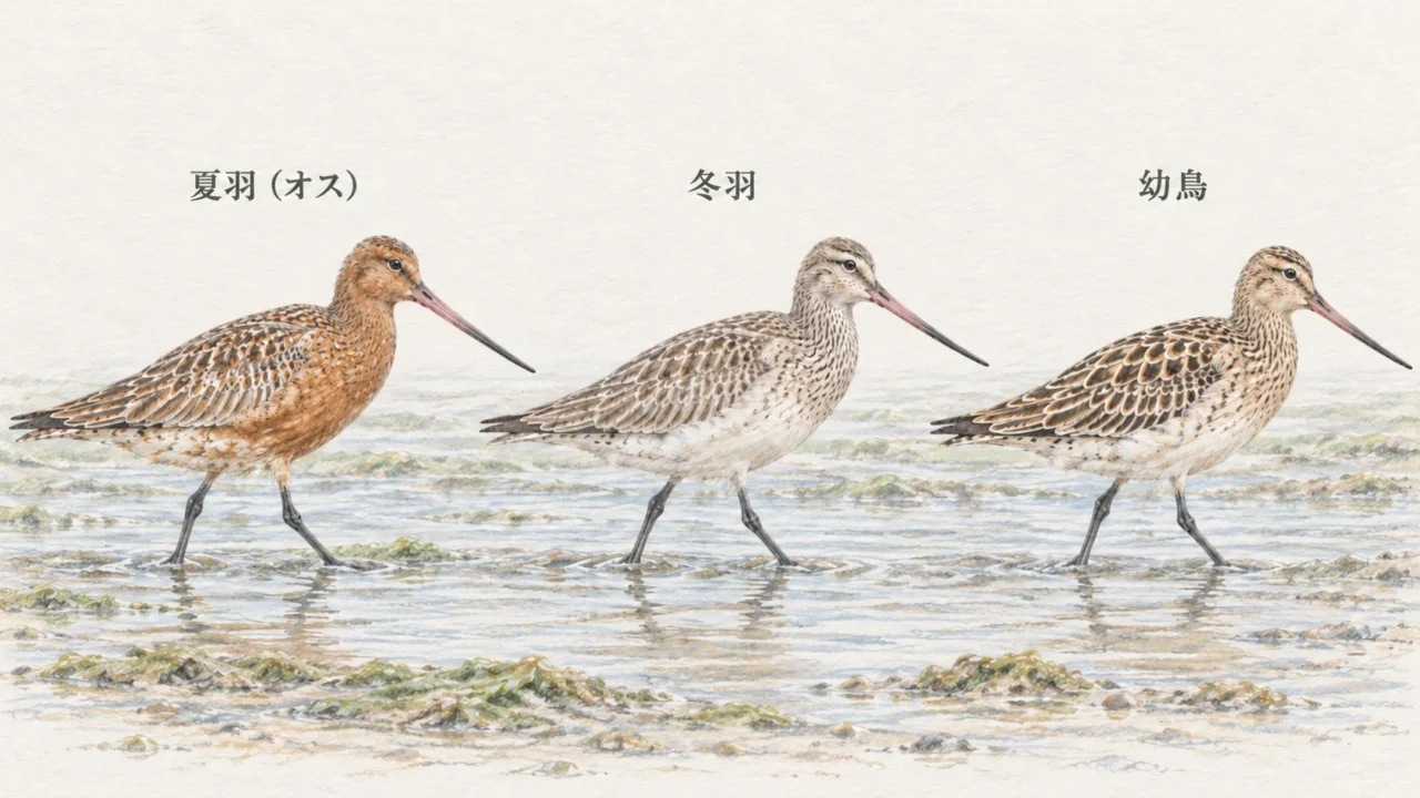 オオソリハシシギの夏羽のオス、冬羽、幼鳥の羽色と背の模様を比較したイラスト