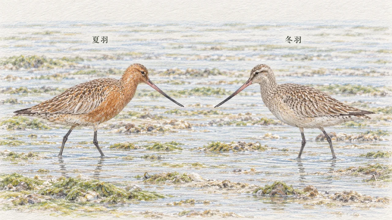 オオソリハシシギの赤褐色の夏羽と灰褐色の冬羽を並べた比較イラスト